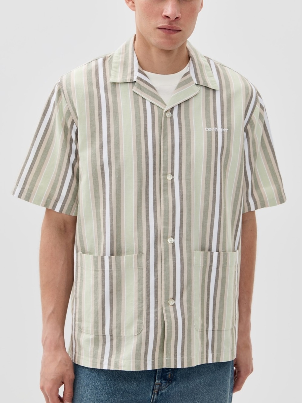 Carhartt WIP Folsey Striped Camp button down short sleeve Shirt medium $158 NEW